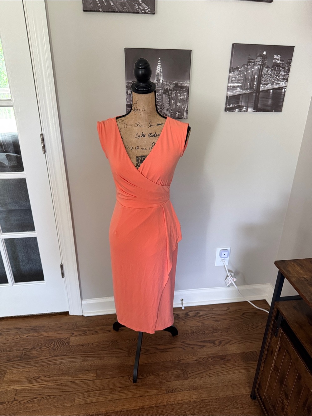 Boston Proper Coral Sleeveless Wrap Midi Dress